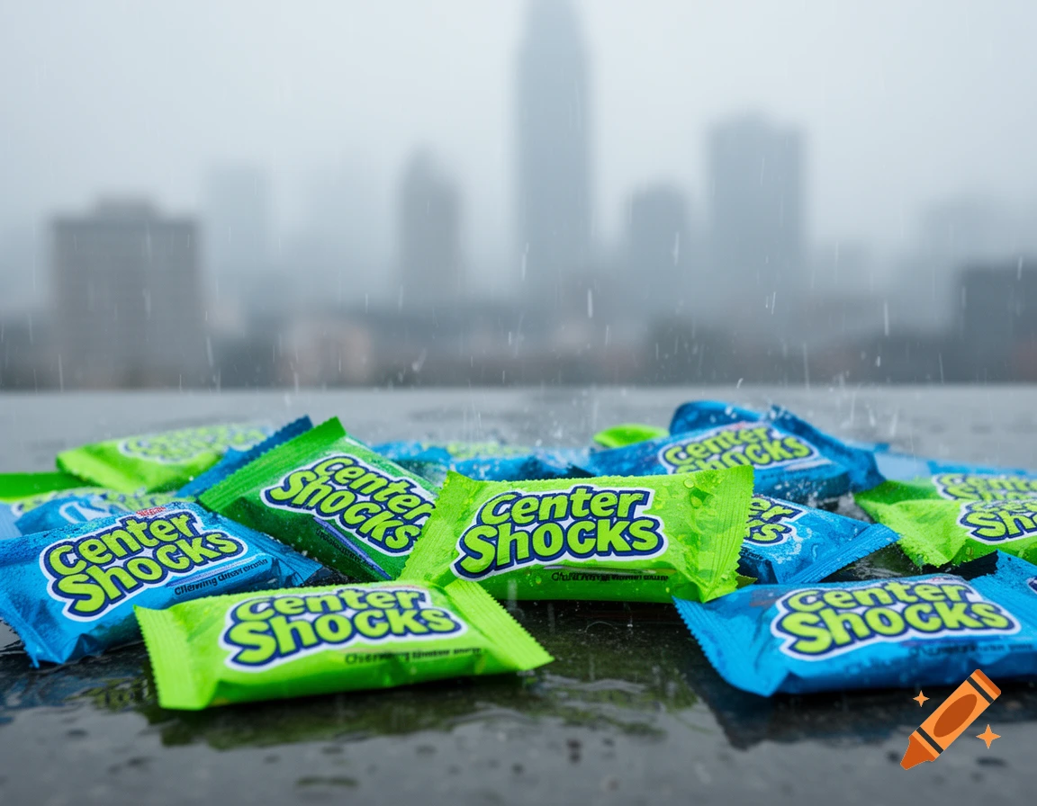 Photorealistic close-up of green and blue Center Shocks candy wrappers scattered on a wet surface during rain, with a blurred city skyline in the background.
