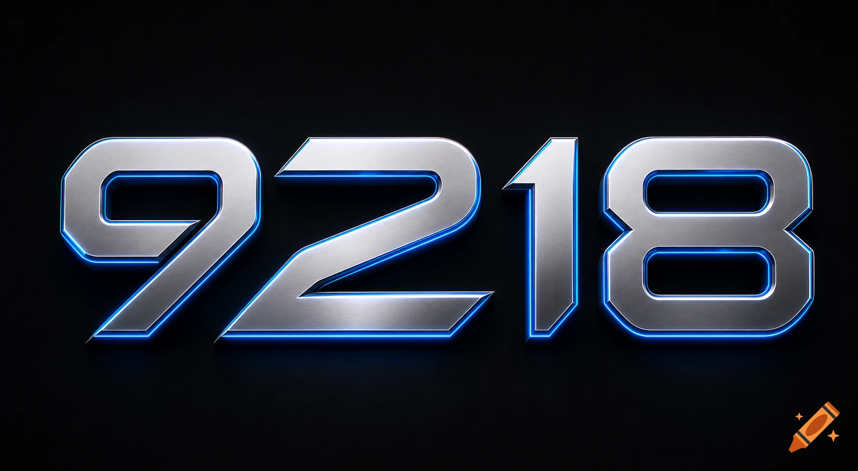 Metallic numbers 9218 with blue neon glow on a black background, digital art.
