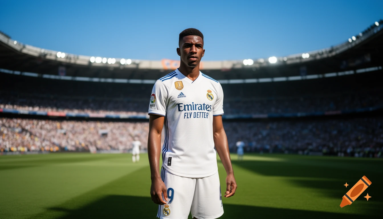 A male soccer player in a white Real Madrid jersey stands on a green field in a stadium.