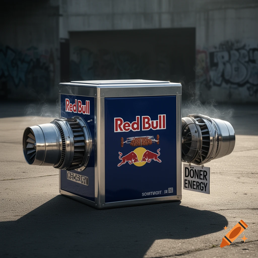 A Red Bull branded box with two jet engines attached to its sides, emitting smoke. Below one engine, a sign reads "DÖNER ENERGY." The box also features an image of döner kebab skewers.