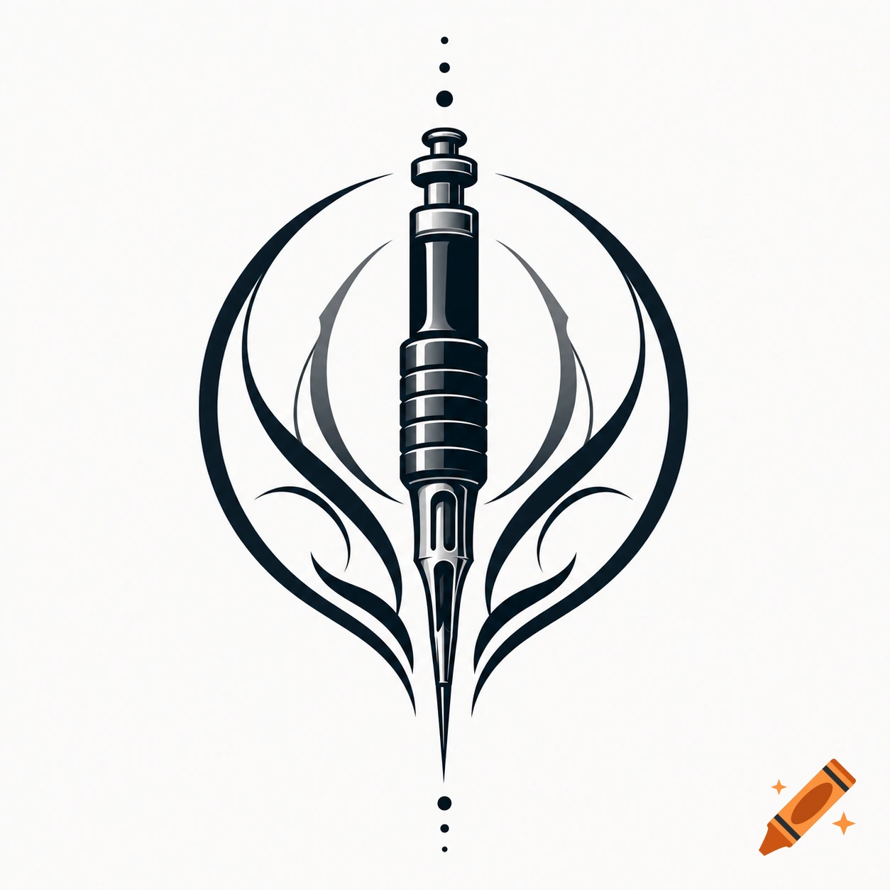Stylized black and white illustration of a tattoo machine within a symmetrical tribal ornamental design.
