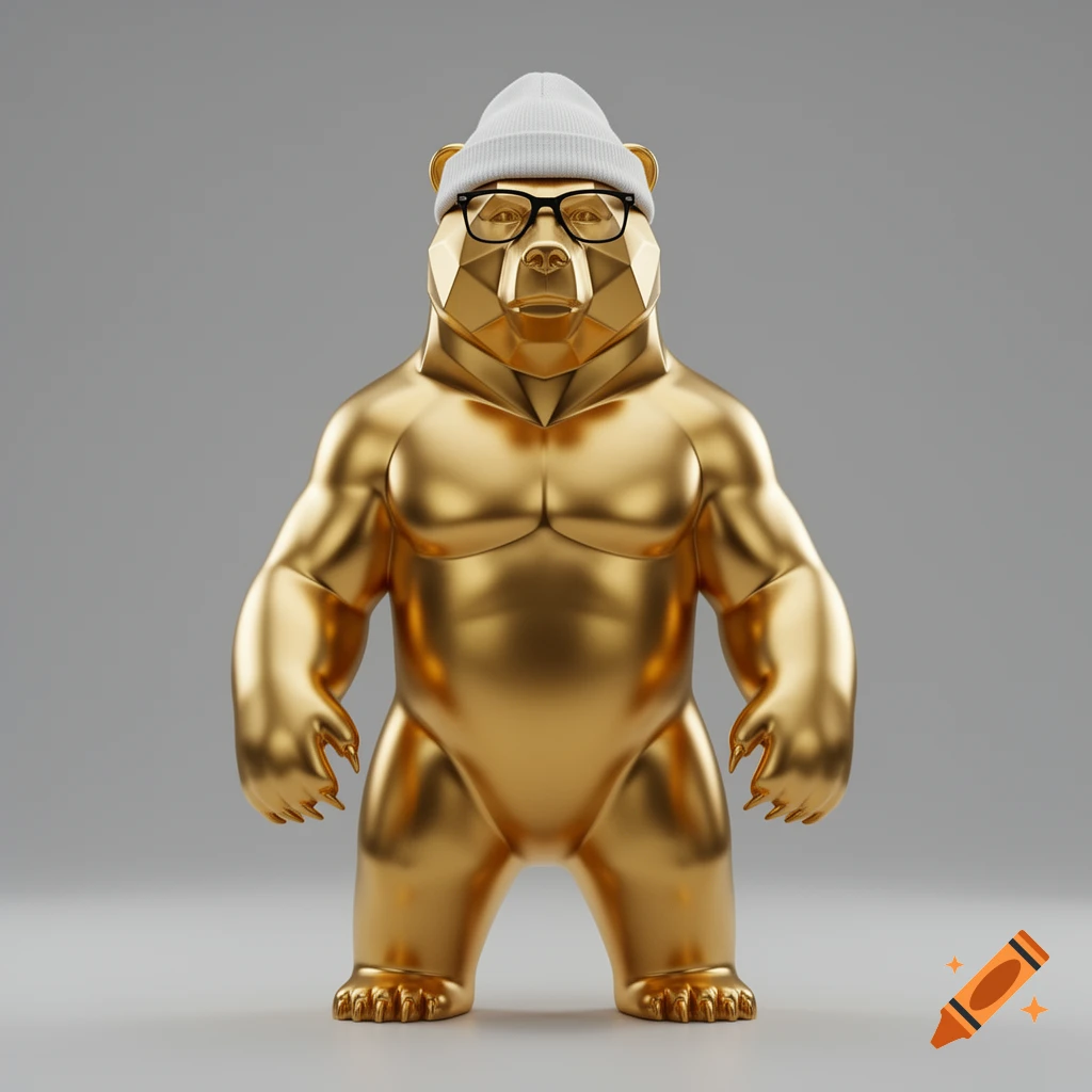 A 3D render of a muscular, geometric golden bear wearing a white beanie and black glasses against a minimalist background.