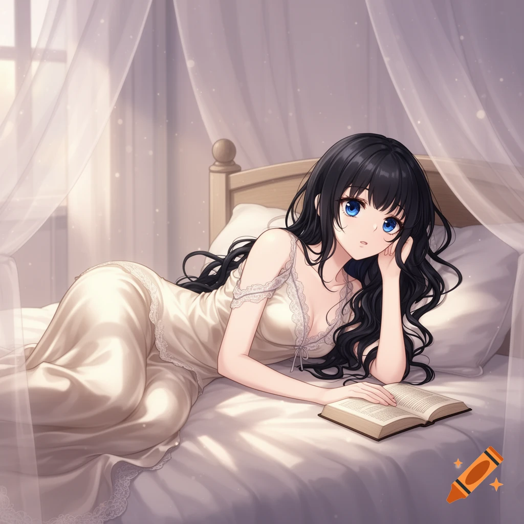 An anime woman with black hair and blue eyes lies in a canopy bed, reading a book in a cream nightgown.