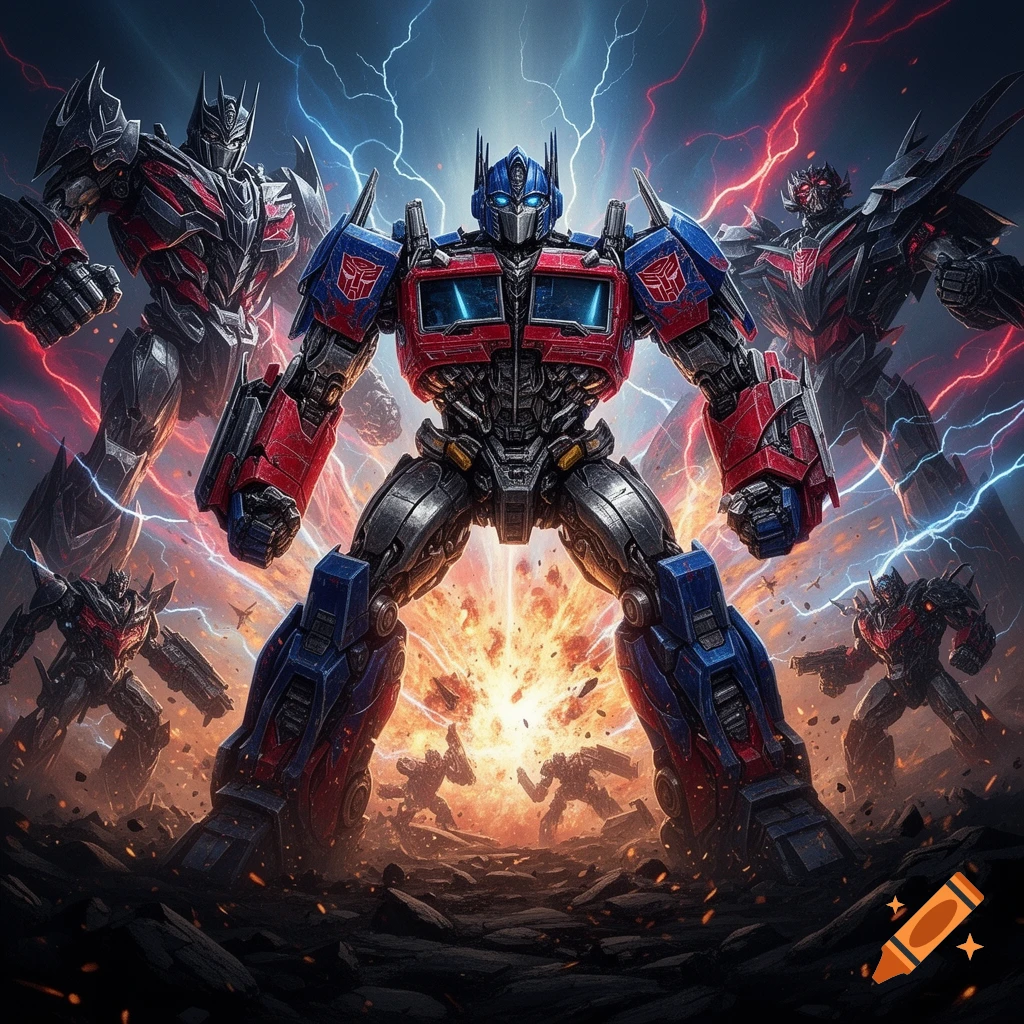 Optimus Prime and dark-colored Transformers battle amidst explosions and lightning in a dynamic sci-fi illustration.