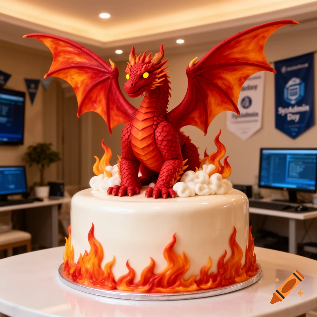 A red fire dragon cake sits on a table in an office, with banners for "SysAdmin Day" in the background.