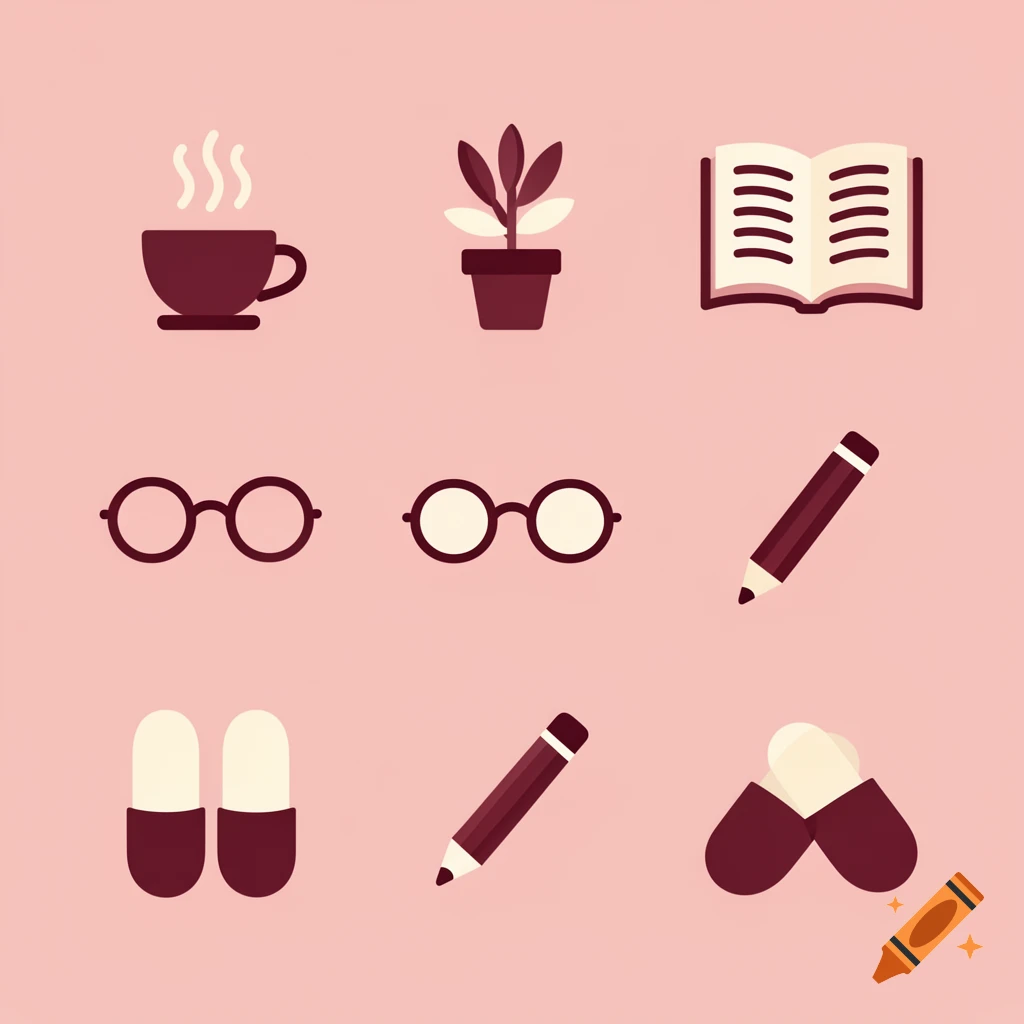 A grid of flat, minimalist icons in deep burgundy and cream on a soft pink background, including a steaming coffee cup, a potted plant, an open book, a pair of glasses, a pencil, and two capsules.