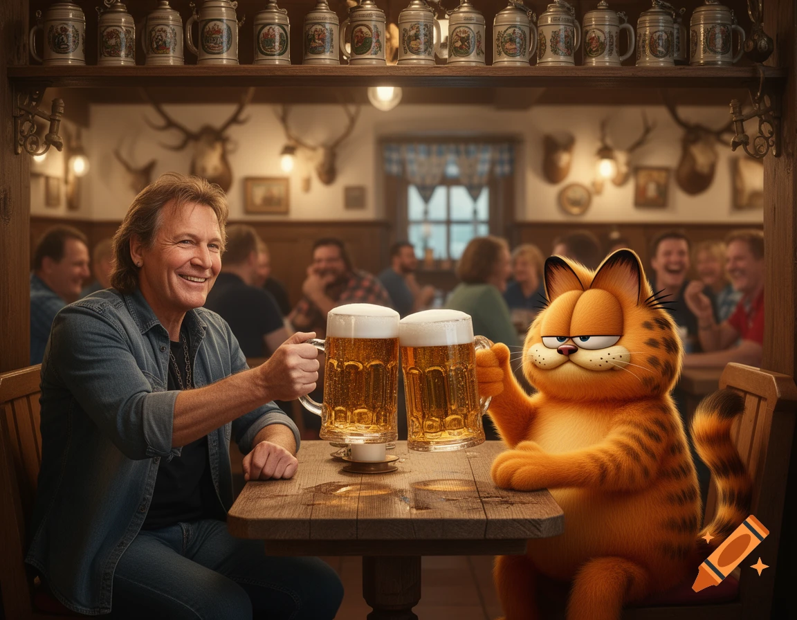 Peter Maffay and Garfield clinking beer mugs in a lively pub setting, photorealistic style.