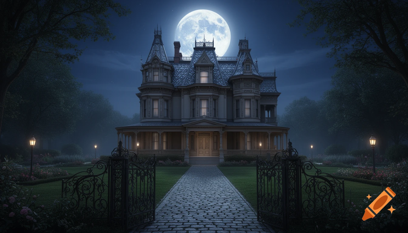 A grand Victorian mansion with a cobblestone path and ornate gates under a luminous full moon at night.