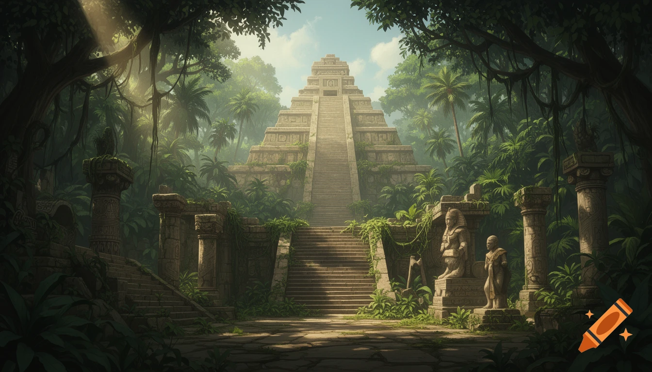 A majestic ancient Mesoamerican-style pyramid temple stands overgrown by a dense jungle, with stone statues and columns in the foreground under sun rays.