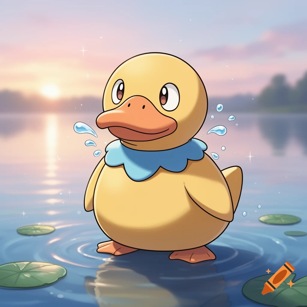 A cute yellow cartoon Psyduck with a blue collar stands in calm water with lily pads at sunset.