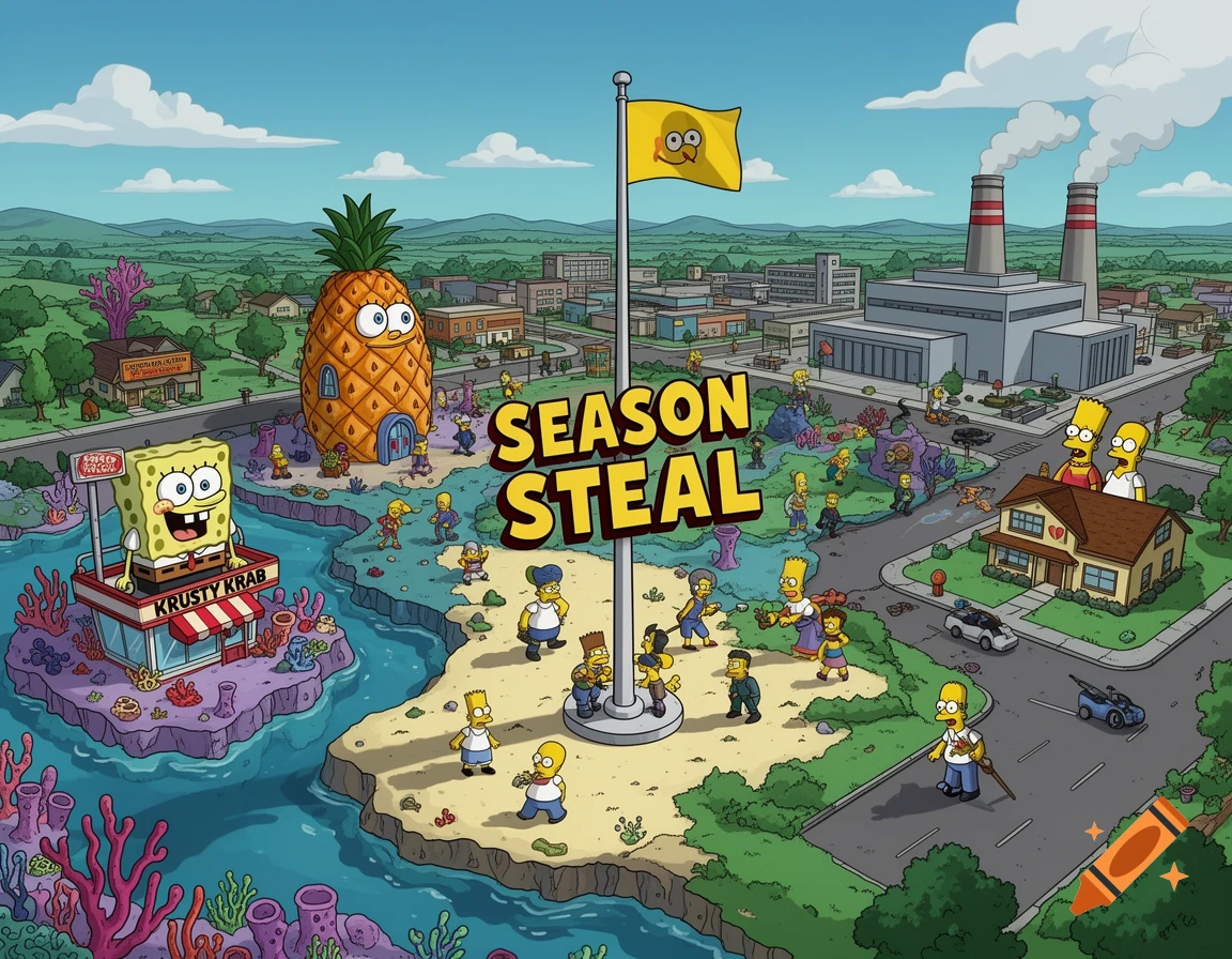 Cartoon crossover map showing Simpsons characters and buildings, Spongebob, the Krusty Krab, a pineapple house, and 'SEASON STEAL' text.