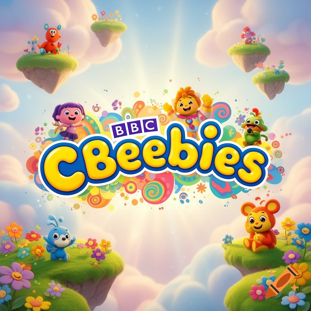 A colorful cartoon scene with the BBC CBeebies logo and characters floating on grassy islands in a cloudy sky.