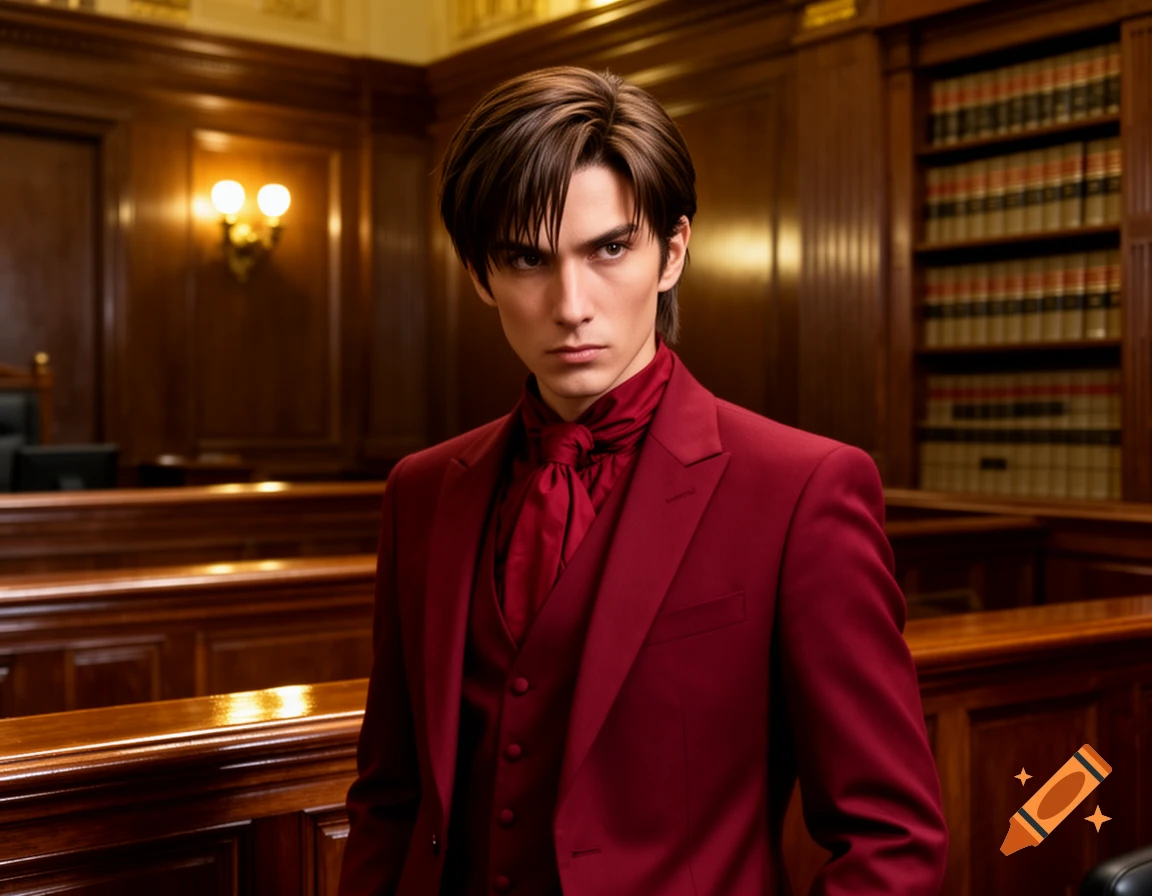A stern young man with dark hair and sharp features wears a dark red suit and cravat, standing in a formal, wood-paneled room with bookshelves, in a photorealistic style.