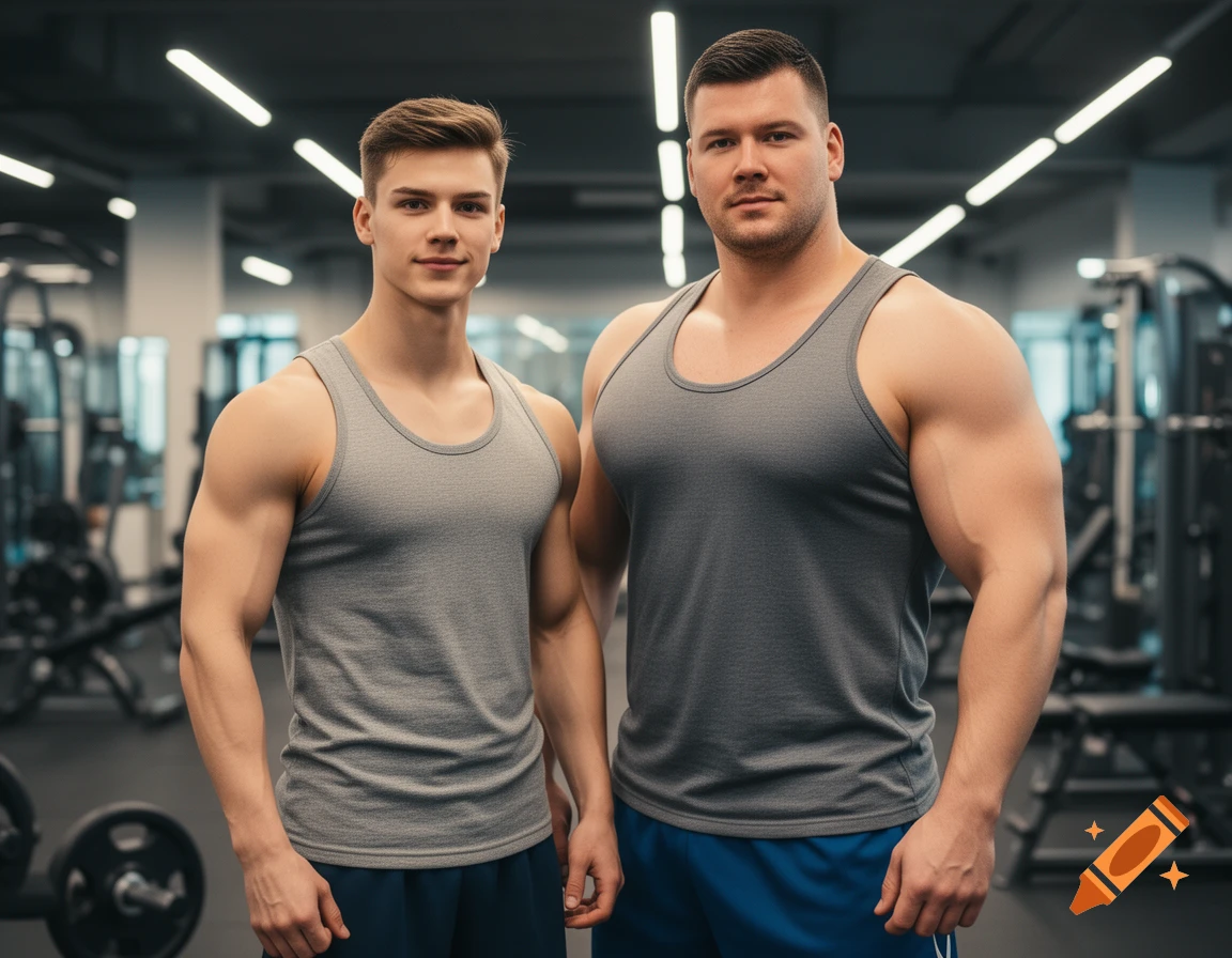 Two muscular men in gray tank tops stand side by side in a modern gym.