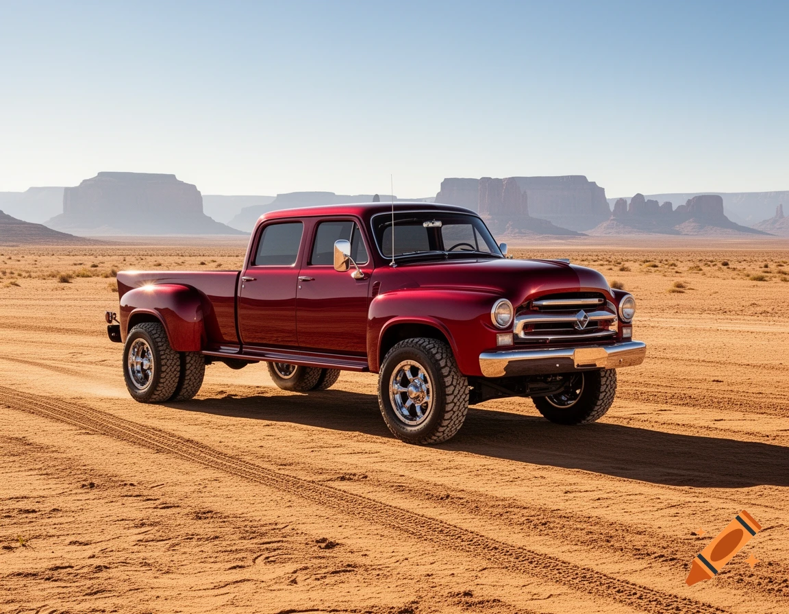 A shiny red vintage-style dually pickup truck drives on a dirt road through a vast, sunny desert landscape with distant mesas under a clear sky.