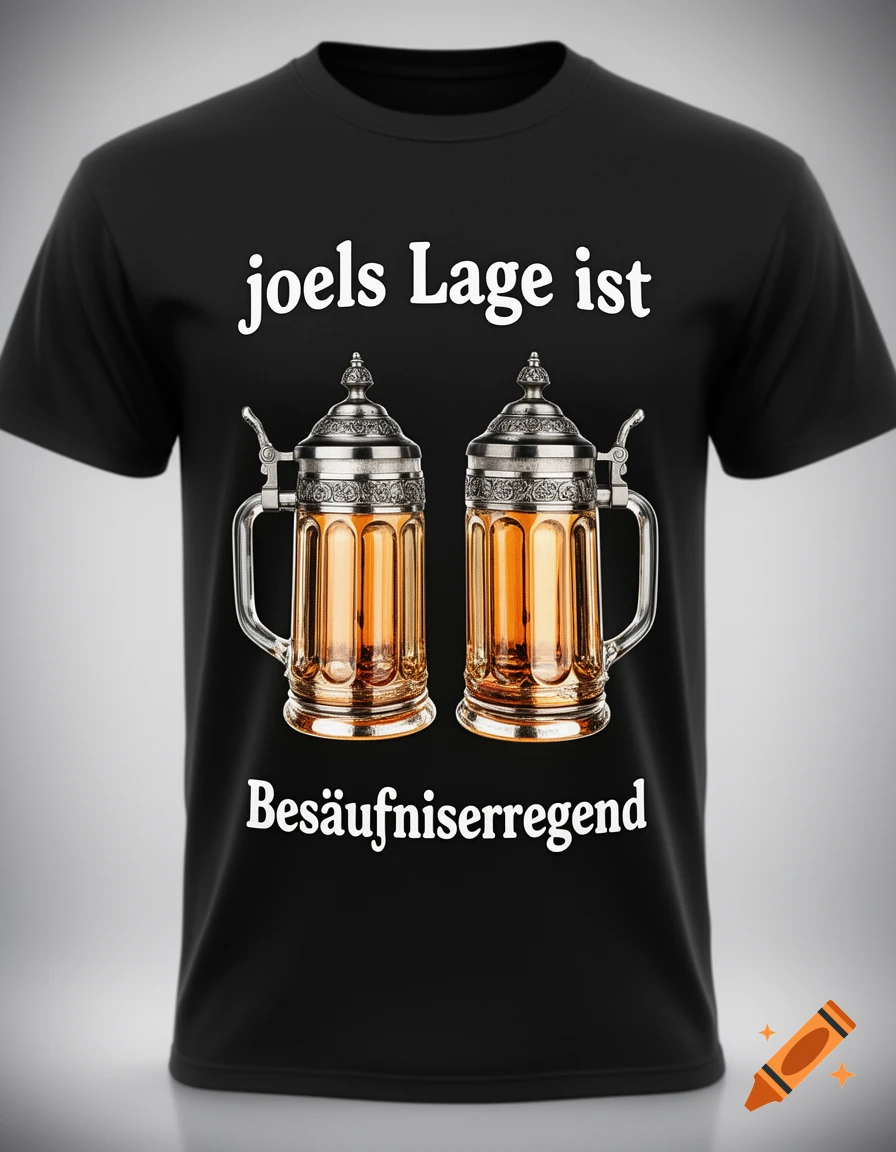 Black t-shirt featuring two detailed silver-lidded beer steins filled with amber liquid, above 'joels Lage ist' and below 'Besäufniserregend' in white text.