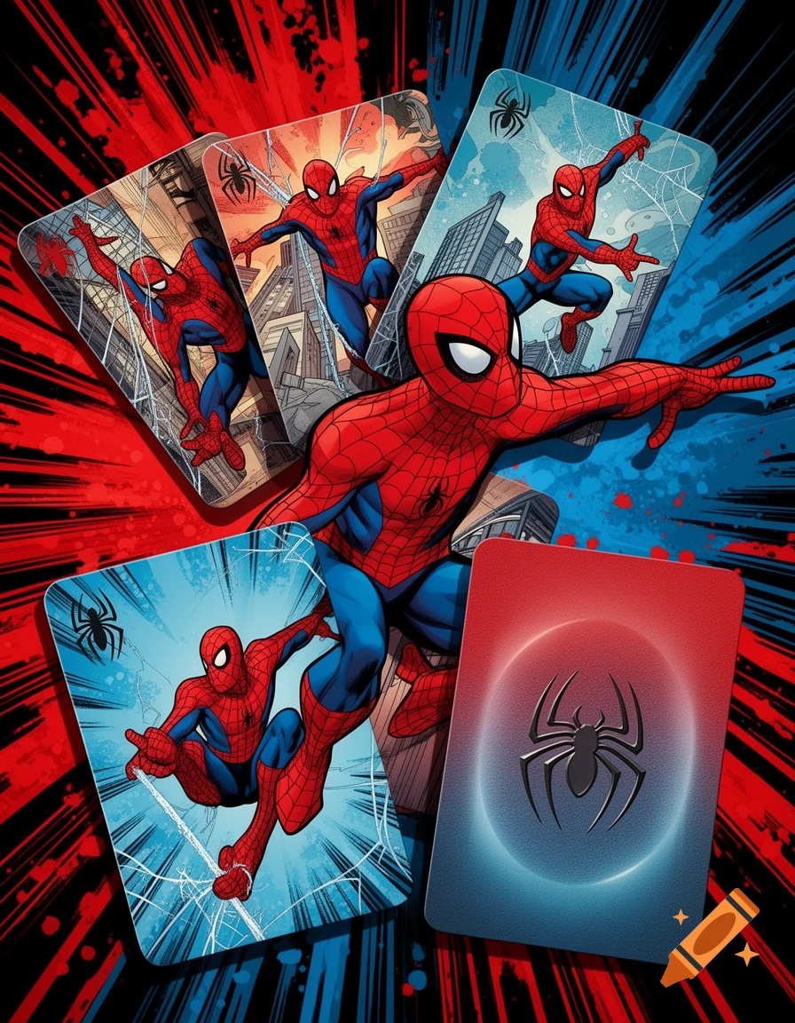 Dynamic comic illustration of Spiderman on playing cards, set against a red and blue comic book background.