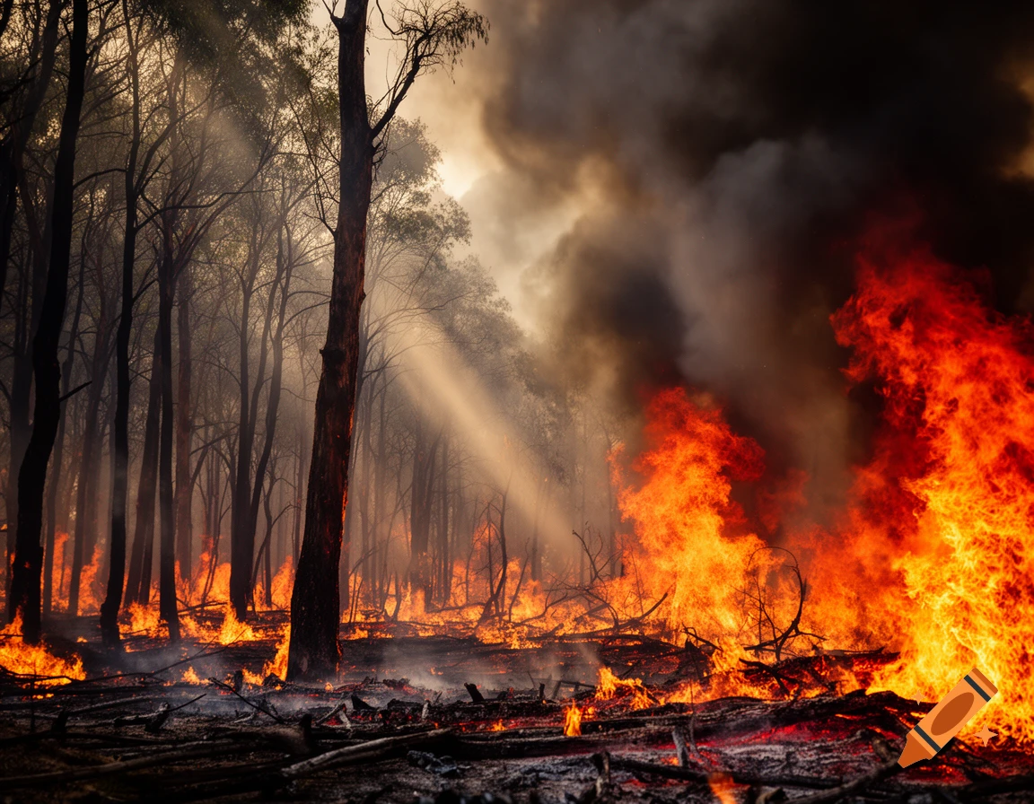 Photorealistic image of a raging forest fire with bright orange flames, dark smoke, and trees in the background.