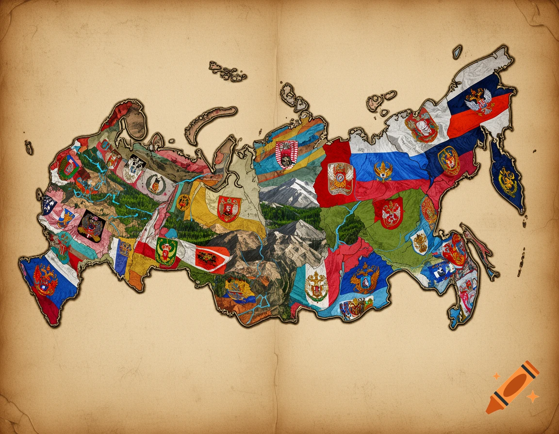 An antique-style map of Russia, its regions depicted by flags and diverse landscapes on a textured parchment background.