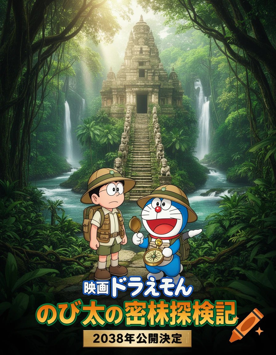 Doraemon and Nobita dressed as explorers stand in a lush jungle with waterfalls and an ancient temple in the background, movie poster style.