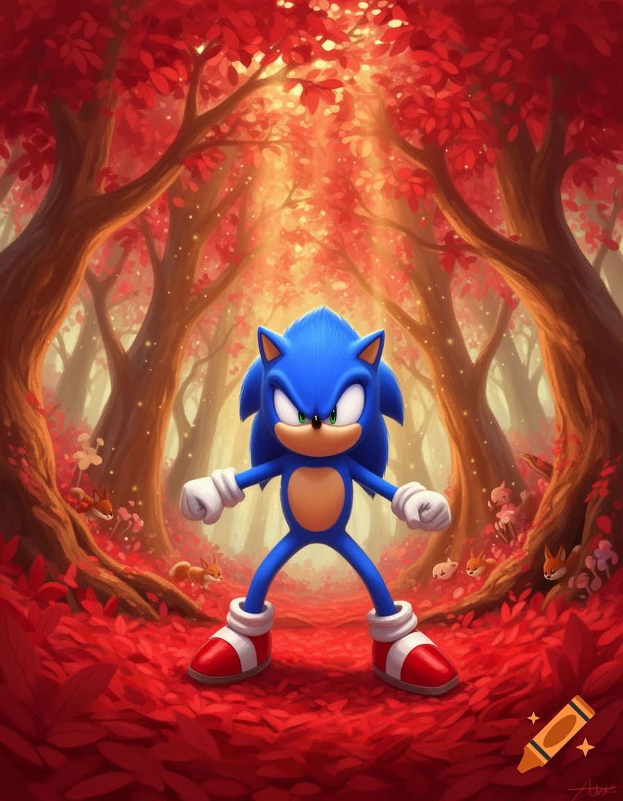 Sonic the Hedgehog stands in a vibrant red autumn forest with glowing light filtering through the trees, stylized digital art.
