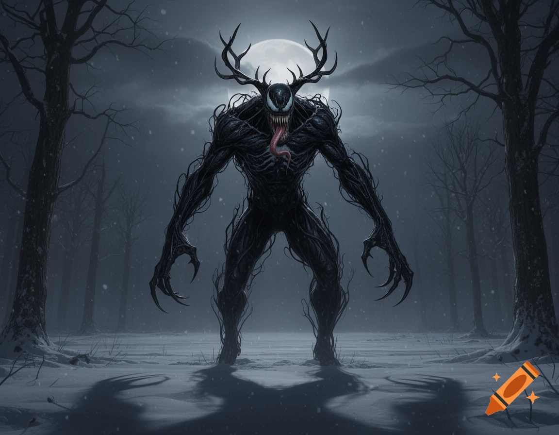 A terrifying black Venom-Wendigo hybrid creature with antlers and a long tongue stands in a snowy forest under a full moon.
