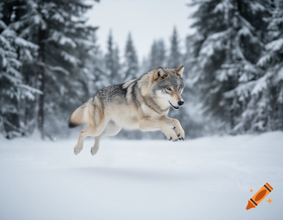 A grey wolf jumps through deep snow in a winter forest, its fur blending with the muted colors of the snowy landscape.