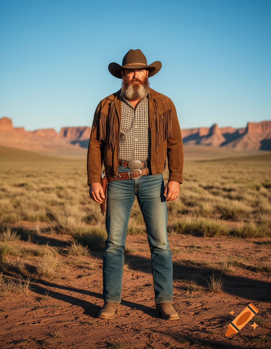 A bearded cowboy wearing a hat, fringed jacket, and jeans stands in a sunlit desert with rocky mesas in the background.