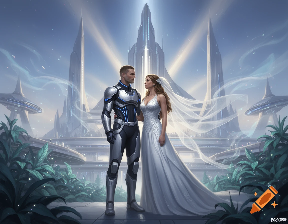 A man in futuristic armor and a woman in a wedding dress stand in a grand sci-fi city with towering spires.