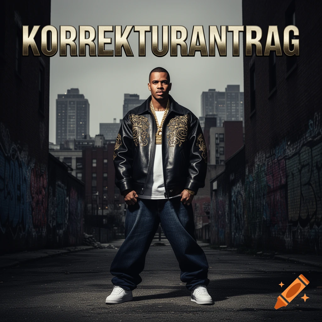 A confident rapper in a black leather jacket and gold chain stands in an urban alleyway under the title 'KORREKTURANTRAG'.