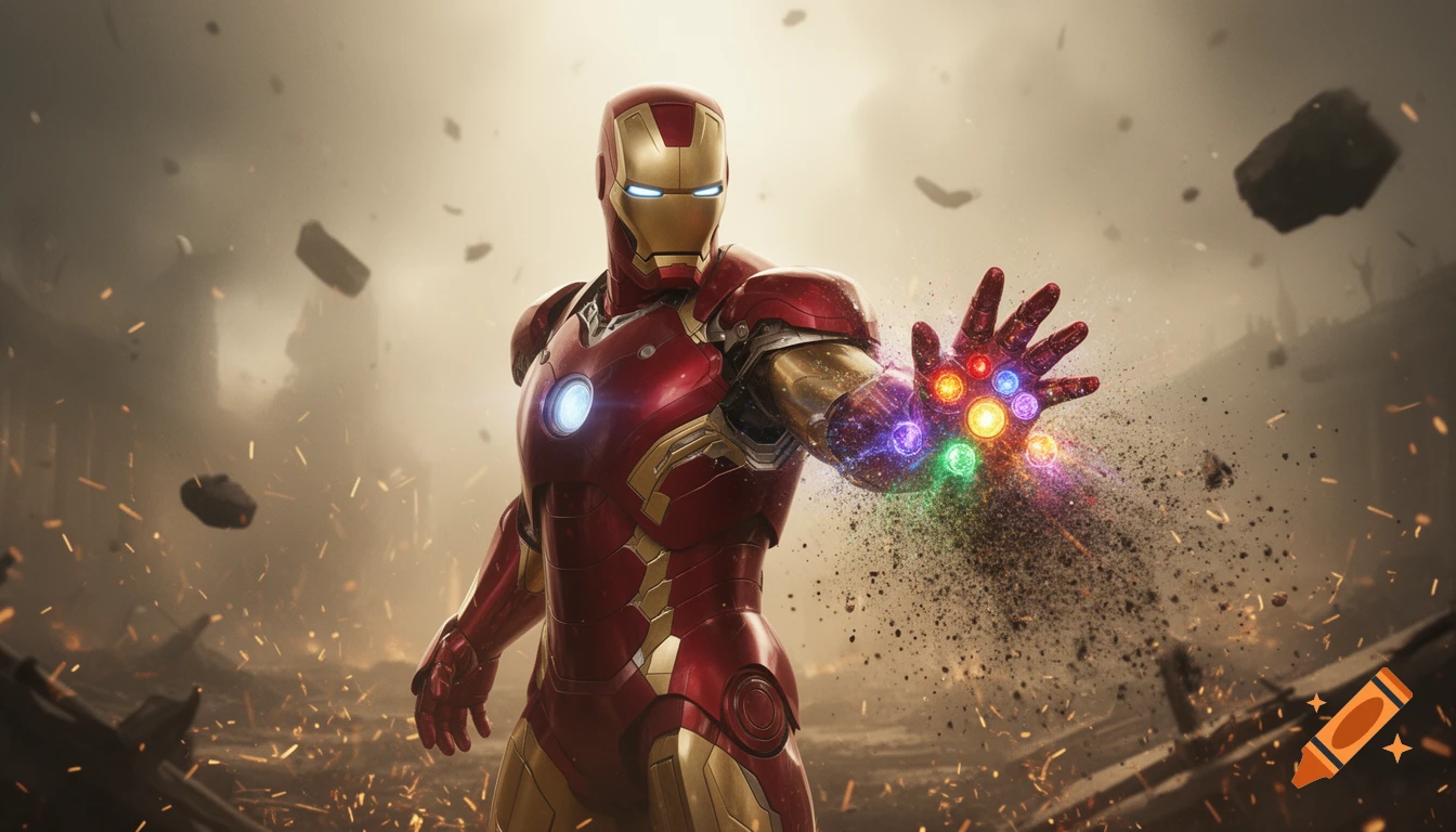 Photorealistic image of Iron Man with the Infinity Gauntlet, his right arm disintegrating into dust in a battle scene.