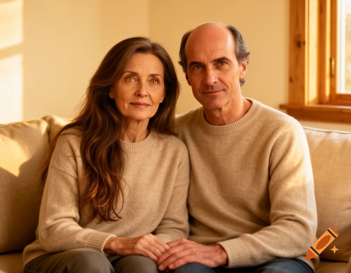 A middle-aged woman and man with brown hair and hazel eyes sit on a beige couch in a sunlit room, looking at the camera.