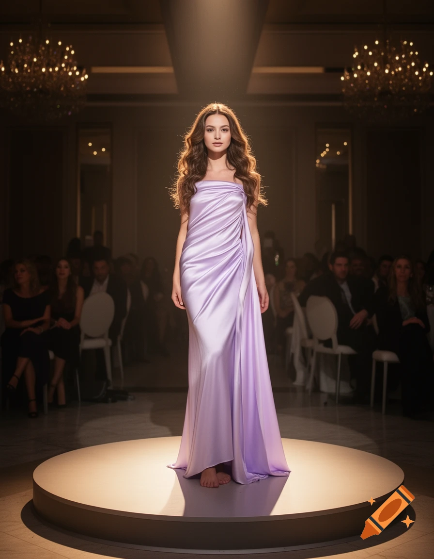 A young woman in a flowing lavender satin gown stands barefoot on a spotlighted circular stage, with a blurred audience and chandeliers in the background.