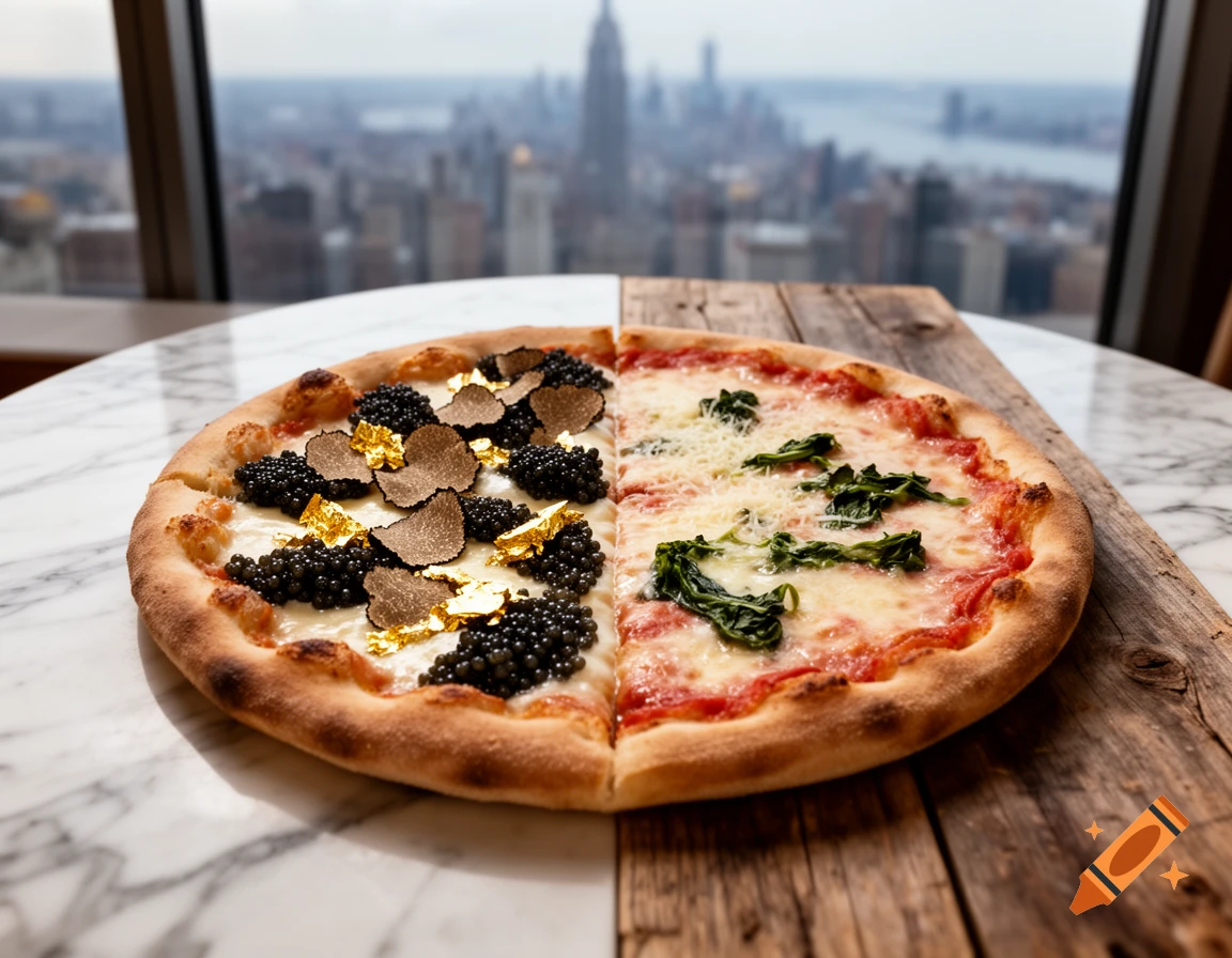 A luxurious pizza split in half with caviar, truffles, and gold leaf on one side, and a simpler marinara and spinach on the other, against a city skyline.