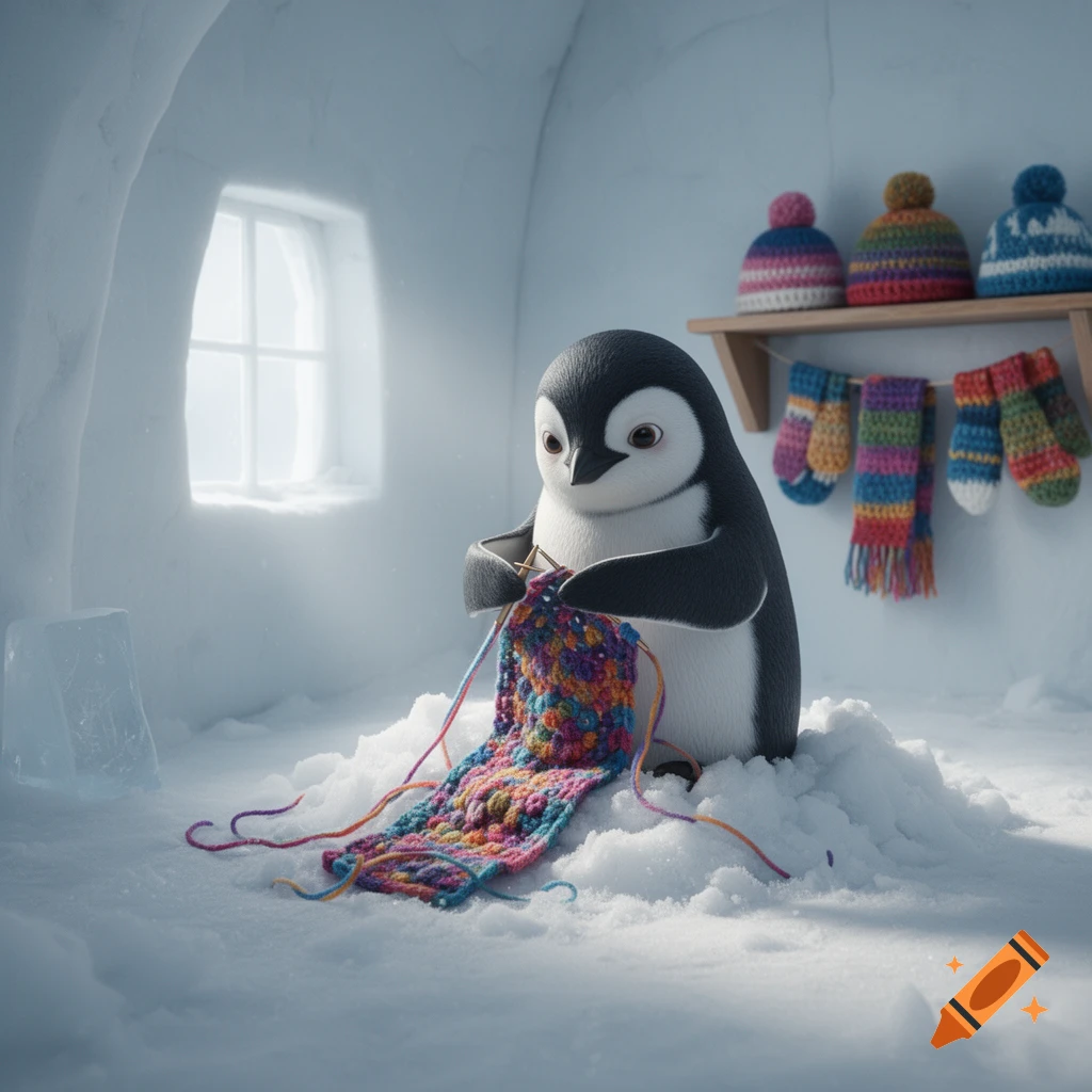 A cute cartoon penguin sits in a snowy igloo, knitting a colorful blanket. Hats and mittens hang on a shelf in the background.