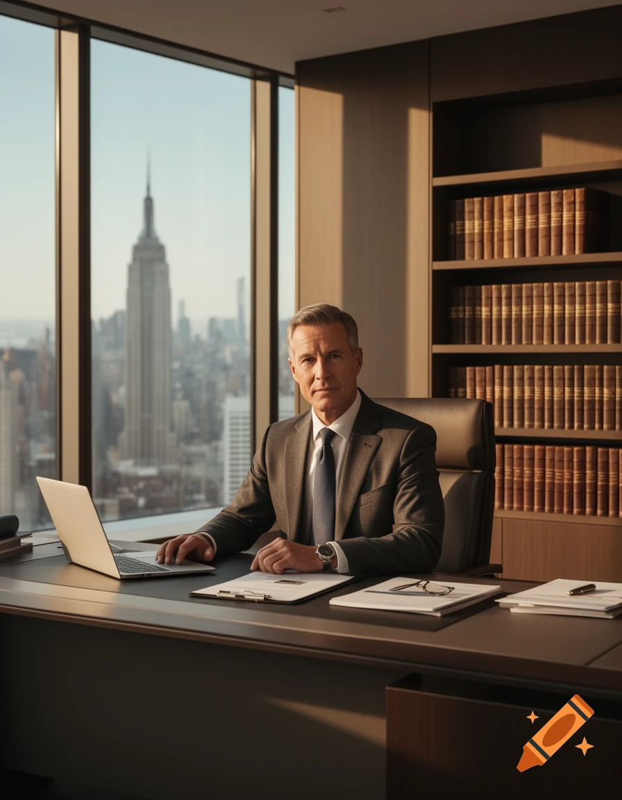 Photorealistic portrait of a businessman in a suit sitting at a desk in a high-rise office overlooking the Empire State Building.