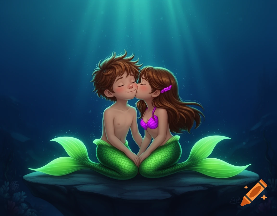 A cartoon illustration shows two mermaid children, a boy and a girl, sitting on a rock underwater. The girl in a purple bra kisses the boy's cheek.