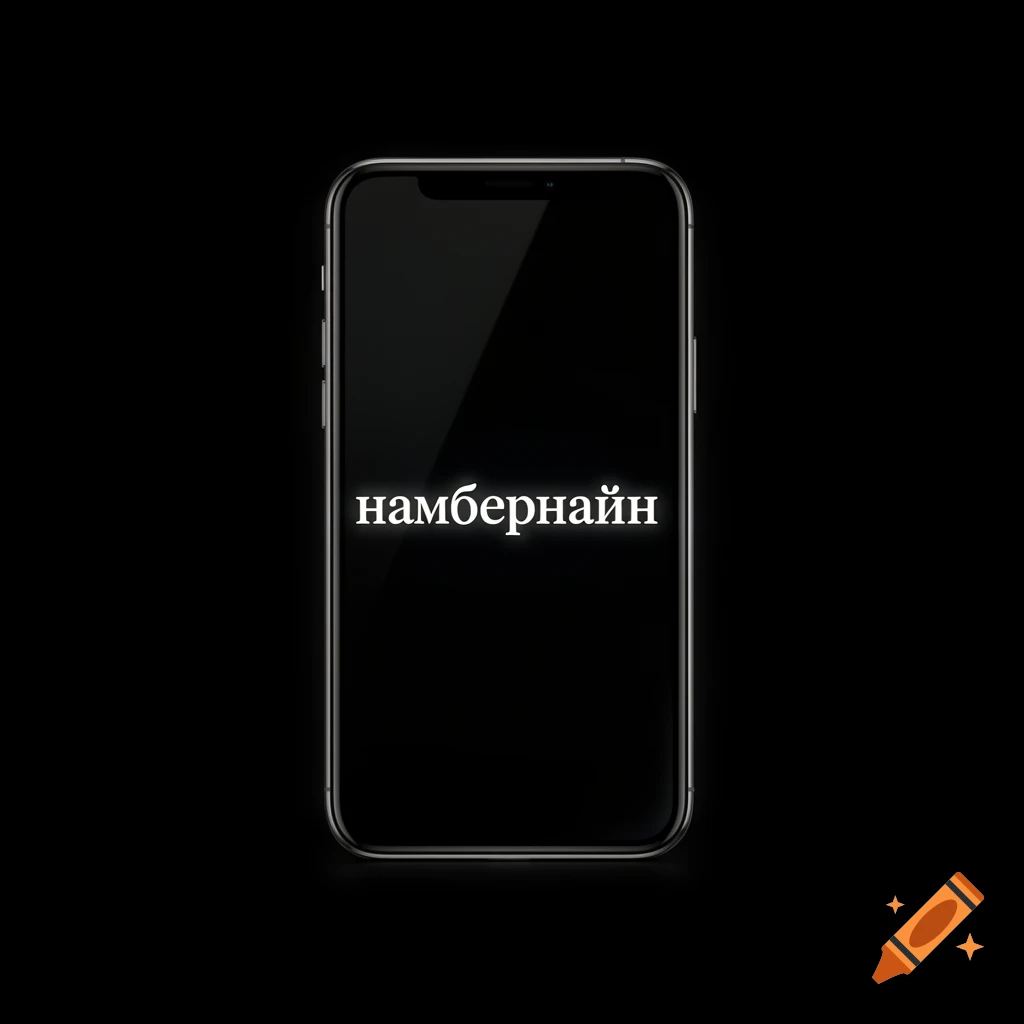 A dark smartphone against a black background with white Cyrillic text 'намбернайн' on its screen.