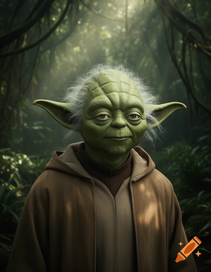 A photorealistic close-up of Yoda, with green skin and wispy white hair, wearing a brown hooded robe, in a lush jungle.