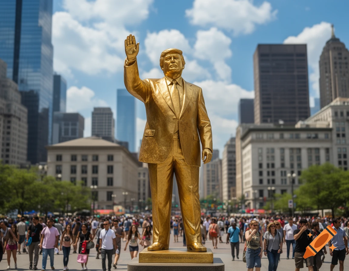 A large golden statue of Donald Trump with his arm raised stands in a busy city street with tall buildings and crowds.