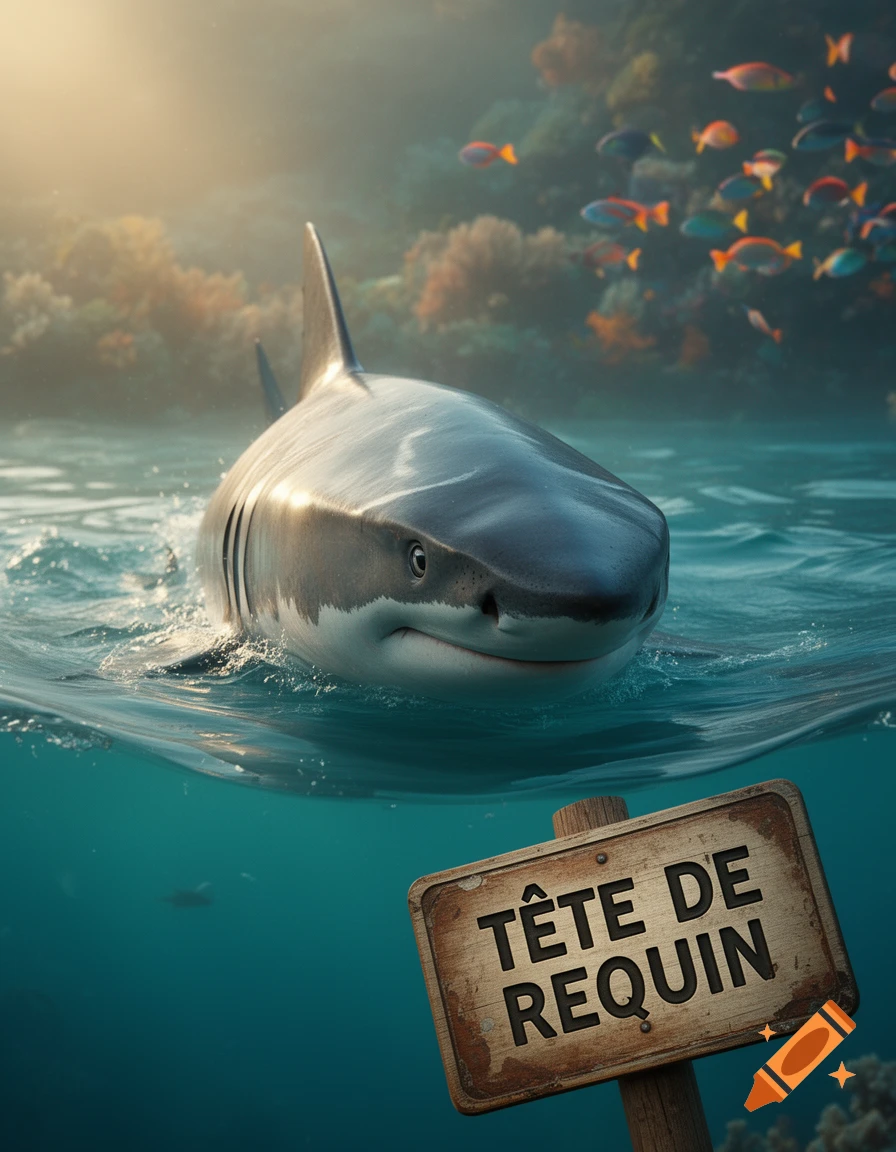 A photorealistic image of a great white shark swimming with its head above water, and an underwater sign reading 'TÊTE DE REQUIN'.