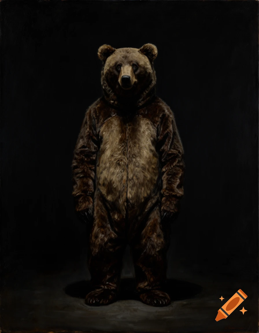 Dark, moody oil painting of a person in a brown bear costume against a black background.
