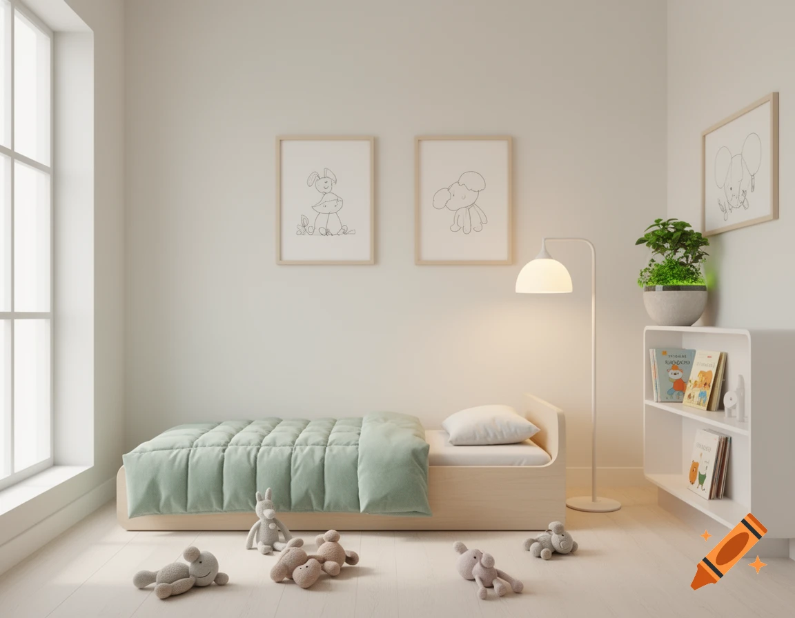 A minimalistic and aesthetic child's bedroom with a low wooden bed, a mint green duvet, plush toys on the floor, a tall white lamp, a window, and a white bookshelf with books and a plant.