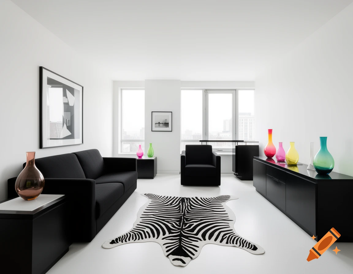 Modern minimalist living room with white walls, black sofa, armchair, cabinets, zebra rug, and colorful vases.