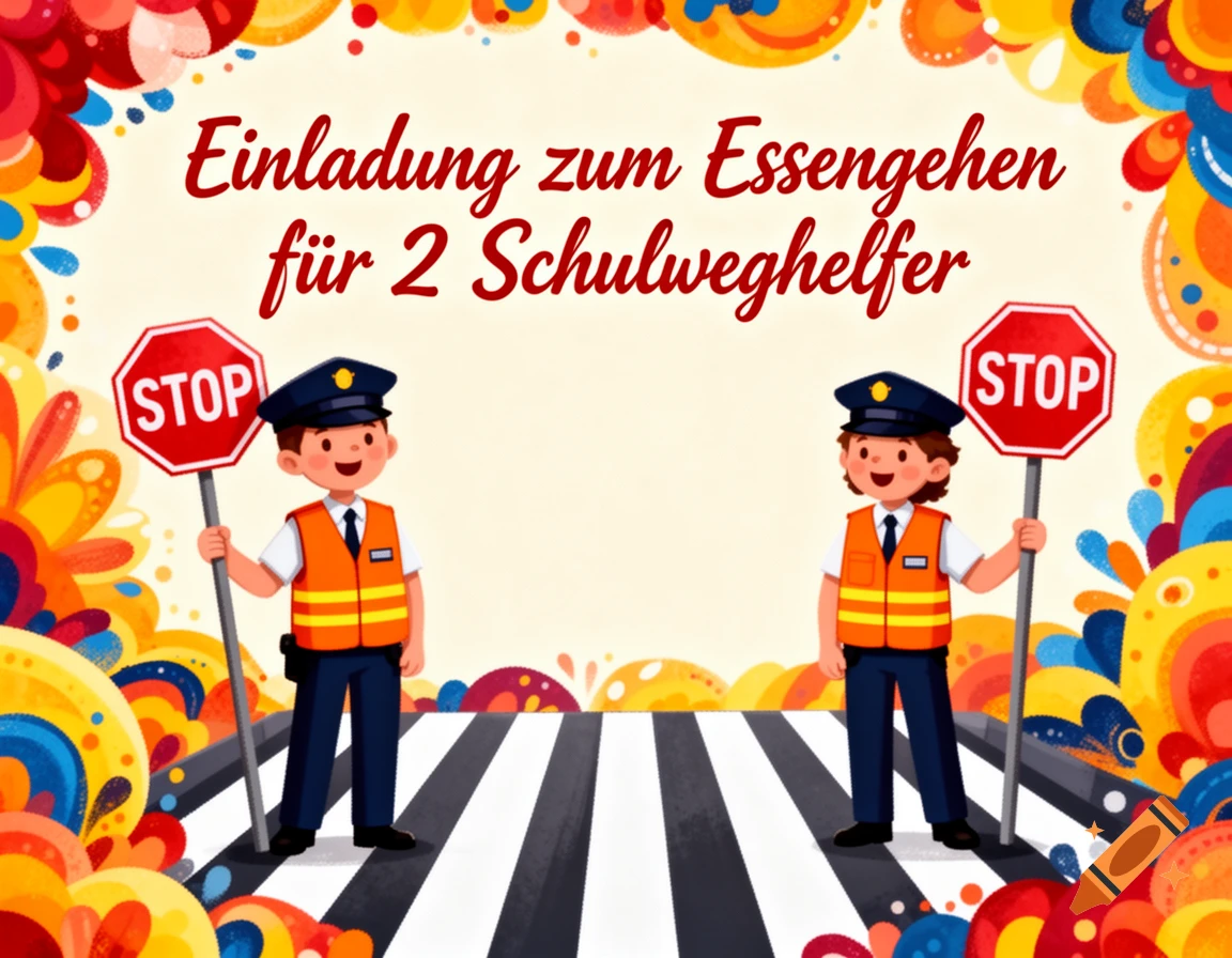 Colorful invitation with two cartoon school crossing guards holding stop signs on a zebra crossing, bordered by vibrant abstract shapes. German text at top.