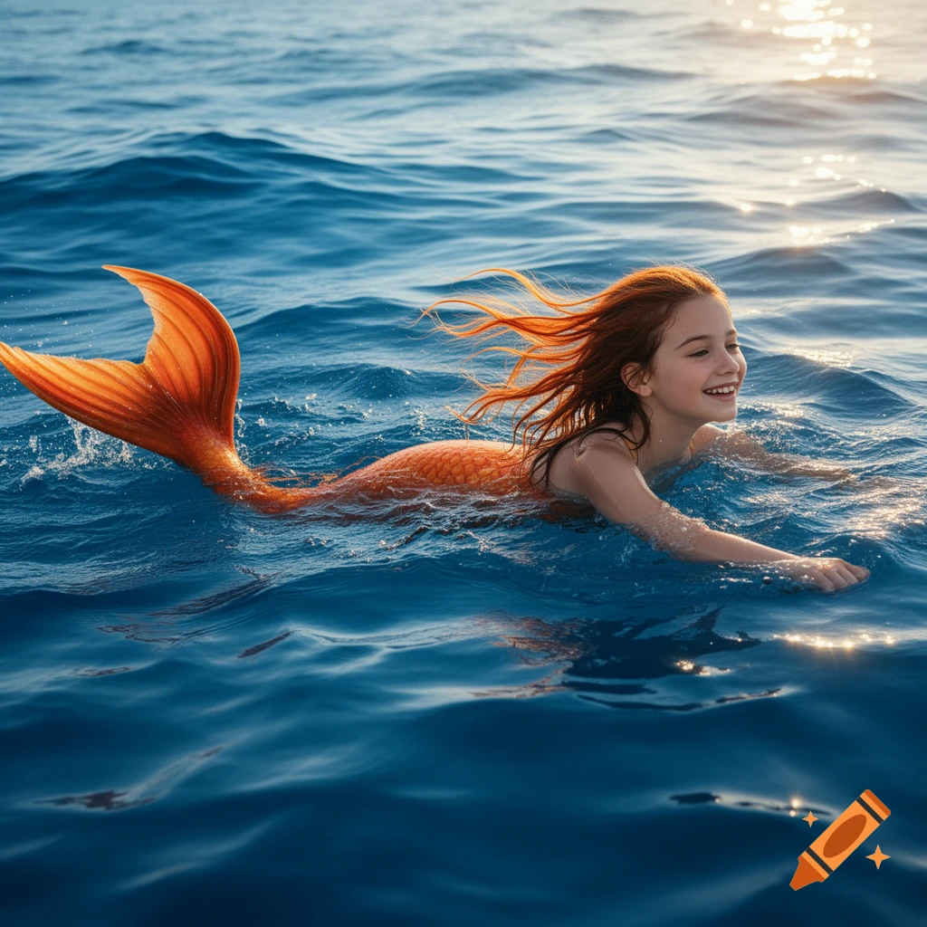 A young girl with long red hair and an orange mermaid tail swims in the deep blue ocean, sun glinting on the water.