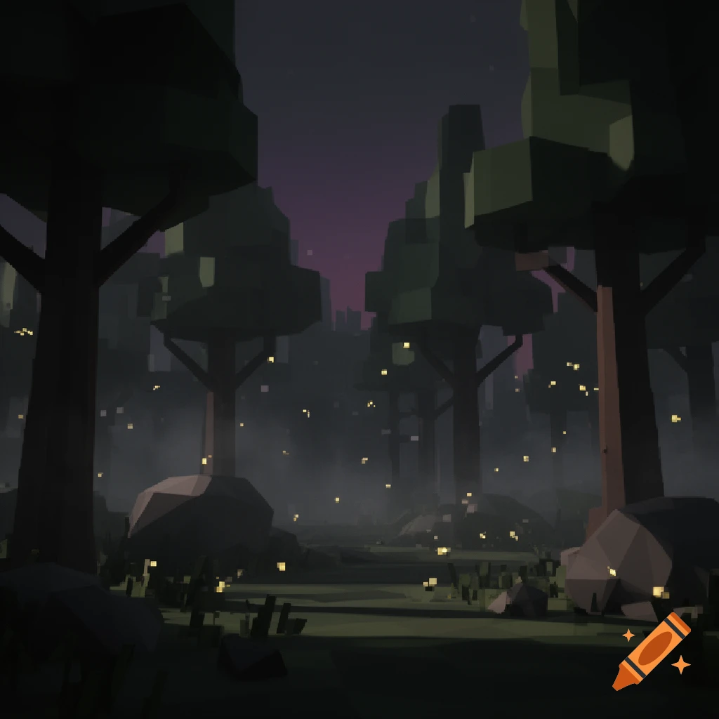 Dark low poly forest with geometric trees, rocks, and glowing pixelated elements, under a deep purple sky, creating a video game aesthetic.