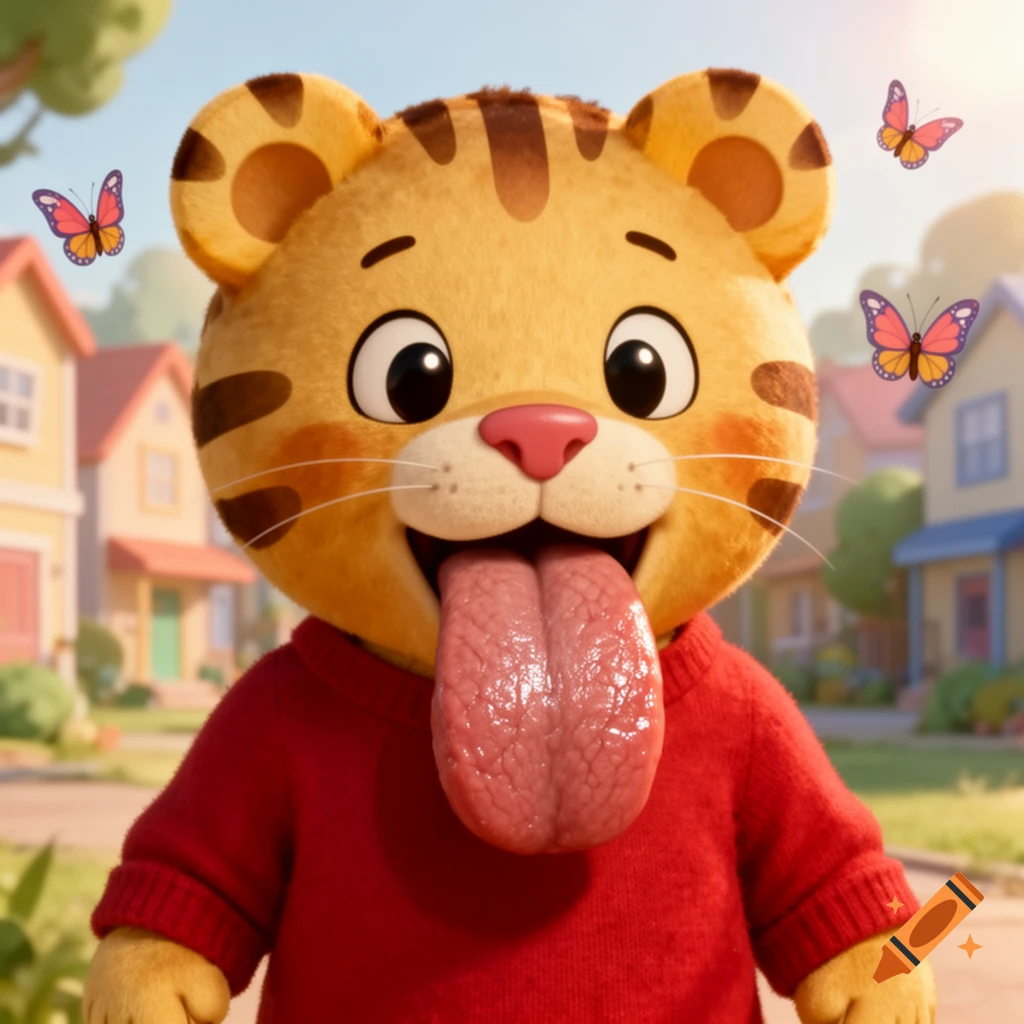 A cartoon tiger character (Daniel Tiger) in a red sweater sticks out a large, realistic tongue, surrounded by butterflies in a sunny suburban setting.