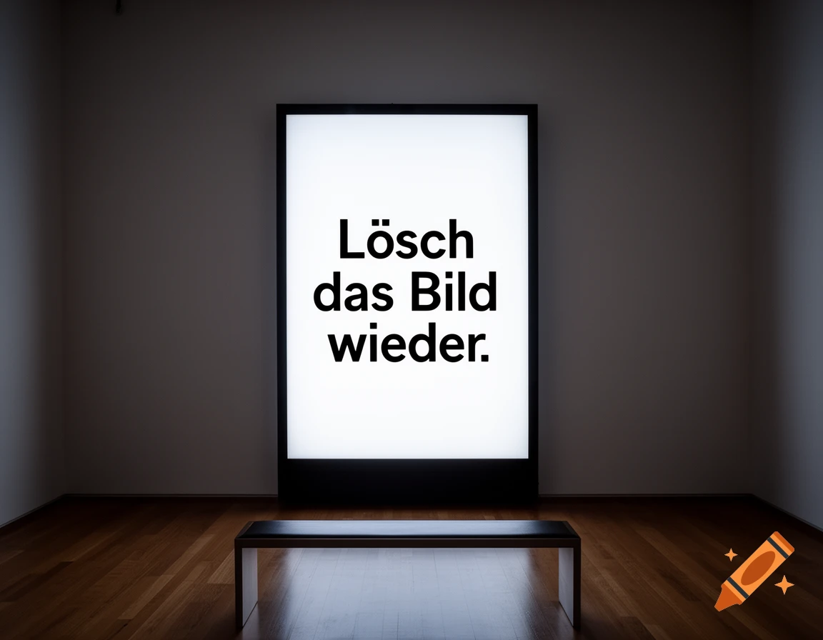 Minimalist gallery with a large illuminated screen displaying "Lösch das Bild wieder" in German above a bench.
