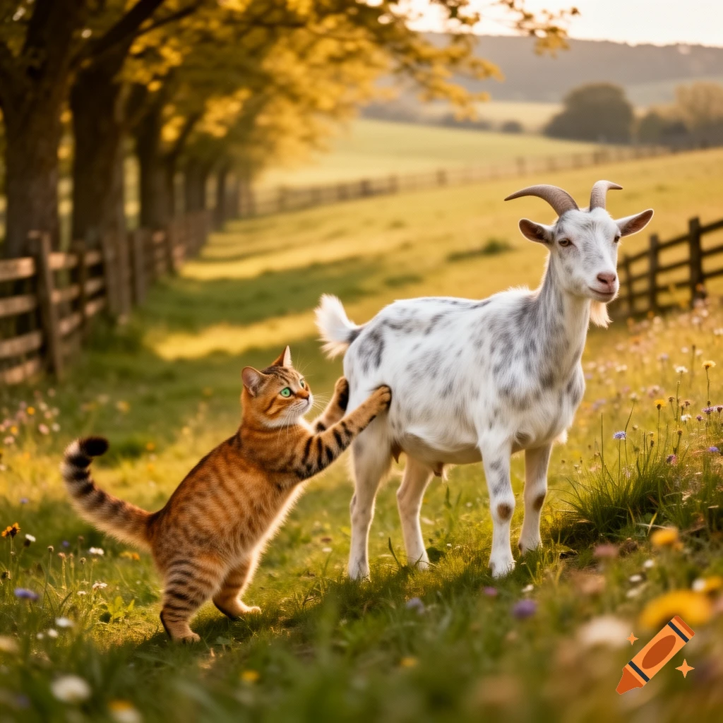 A ginger tabby cat with green eyes stands on its hind legs, reaching out to touch a white and grey spotted goat in a sunny field.